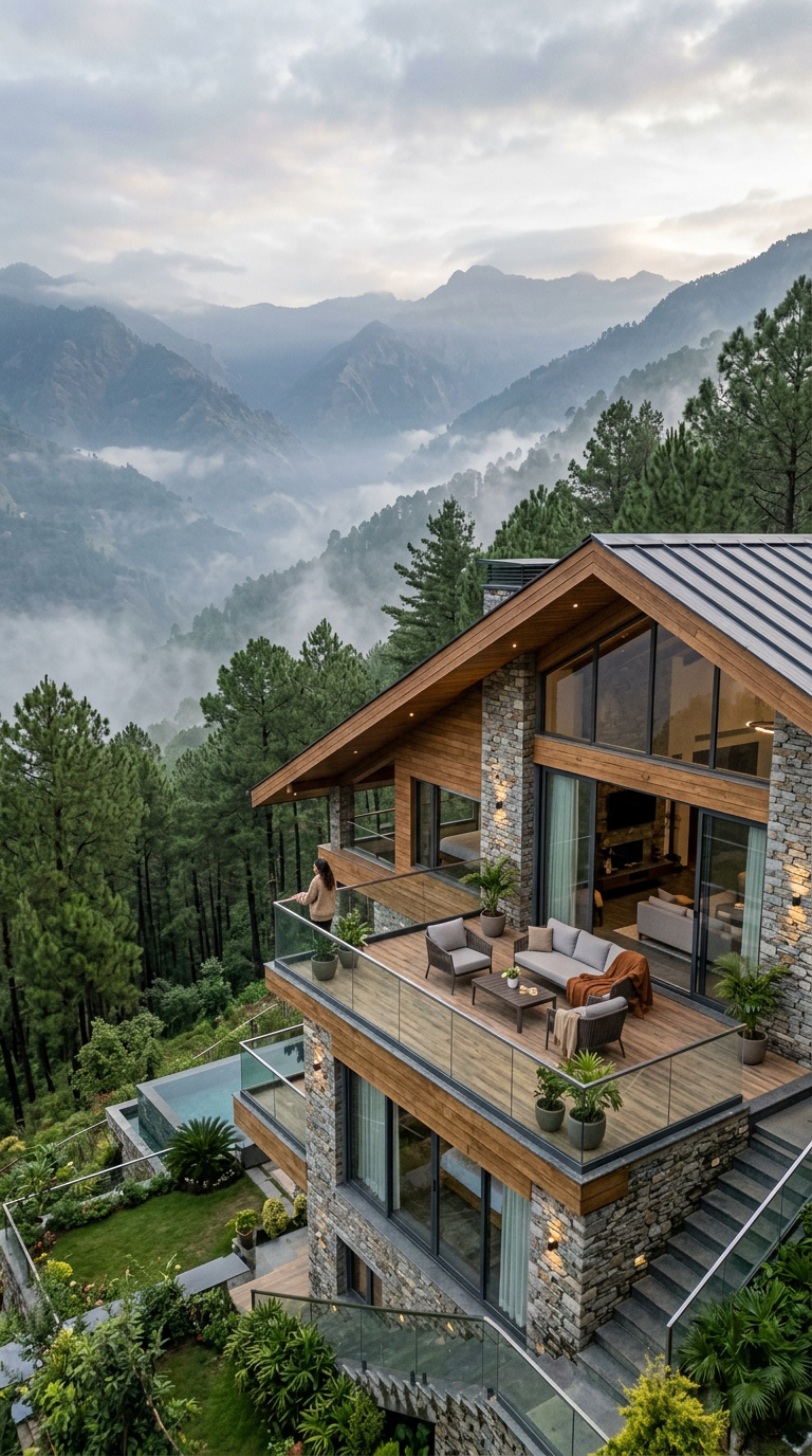 Stone and timber villa surrounded by trees with the Shivalik hills in the distance