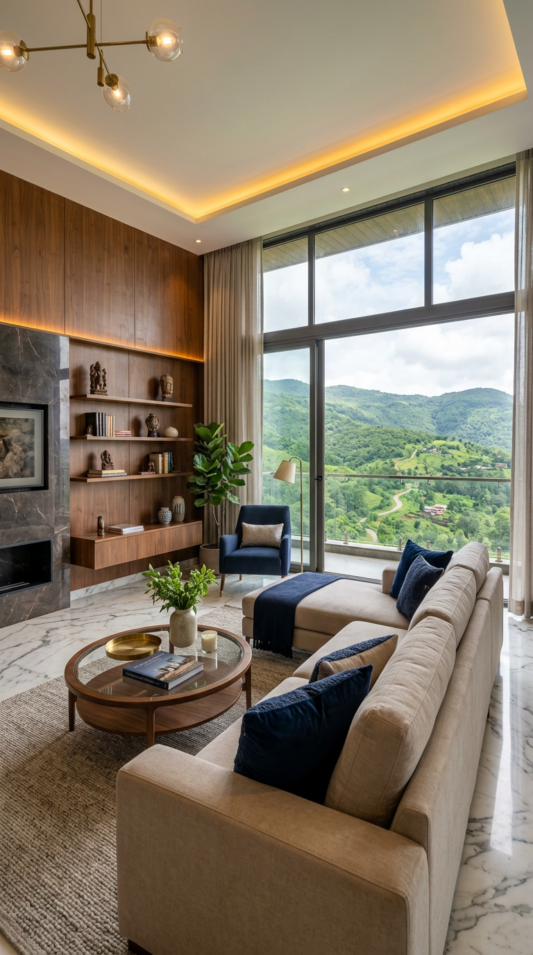 High-rise apartment living room with floor-to-ceiling windows overlooking greenery